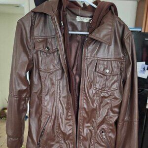 Brown Leather Jacket with Hood